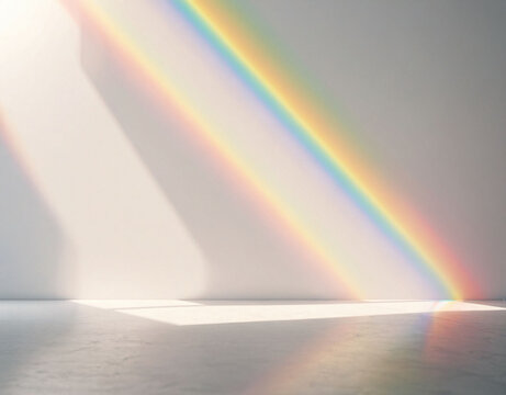 A texture overlay effect of blurred rainbow light refraction for photos and mockups. Organic diagonal holographic flare on a white wall. Realistic natural light effects.