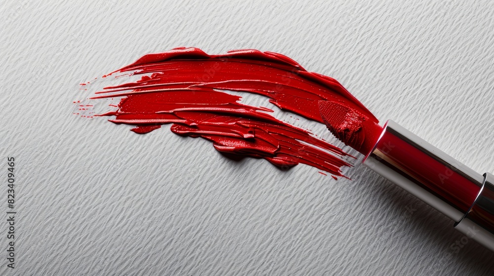 Poster close-up of a vibrant red lipstick smudge on paper, creating a striking and alluring visual effect. 
