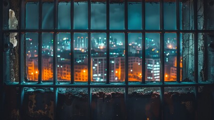 Night cityscape view through bars