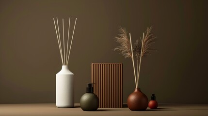 A collection of vases and a box with a brown border