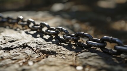 Close-up shot of a black metal chain stretched over rugged rocks, focusing on strength and durability in nature.