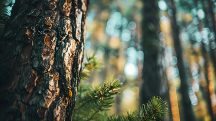 Close up shot of Pine trees in the woods