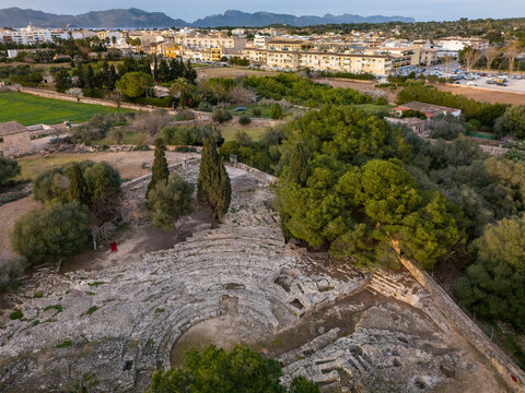 Aerial view of Roman Theatre of Pollentia, Alcudia in Mallorca
