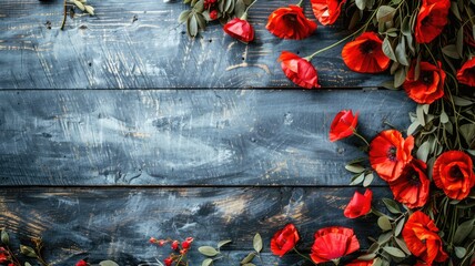 Red flowers and green leaves scattered on rustic blue wooden background