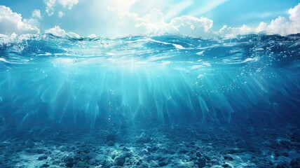 Underwater view with sunbeams shining through ocean's surface