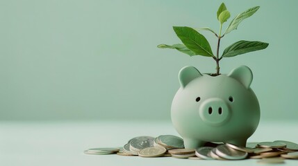 Green piggy bank with a plant growing out of it, surrounded by coins on a green background.