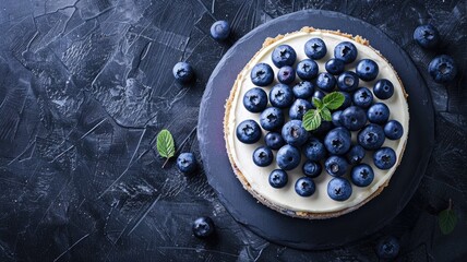 Fresh blueberry tart on dark background, garnished with mint leaves