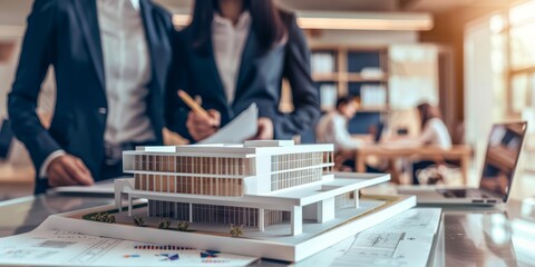 A model of an office building is placed on the table, and two people in suits stand behind it with their hands holding pens to draw up plans for construction - Powered by Adobe