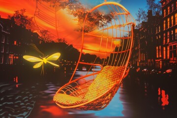 An intriguing analog image featuring a realistic depiction of an 80's style rattan chair seemingly suspended above the ground, emitting a gentle glow, with a delicate yellow firefly floating beside