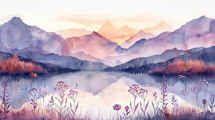 Beautiful landscape with mountains and lake. Digital watercolor painting