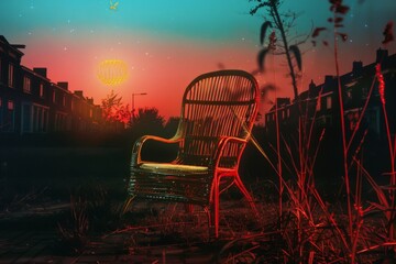 An intriguing analog image featuring a realistic depiction of an 80's style rattan chair seemingly suspended above the ground, emitting a gentle glow, with a delicate yellow firefly floating beside