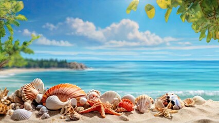 Seashells scattered on a sandy beach with swaying palm trees in the background