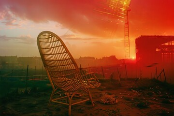 A captivating analog photograph showcasing an 80's style rattan chair in a surreal setting, appearing to float above the ground with a subtle glow, accompanied by a small yellow firefly, set against