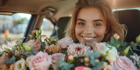 A happy young woman in a car with a huge bouquet of flowers centered copy space selective focus. Concept Portrait, Transportation, Flowers, Happiness, Copy Space