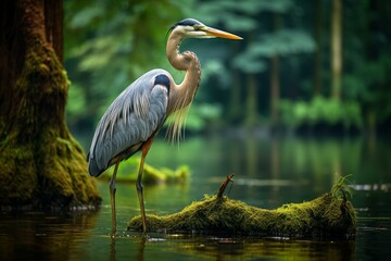 Naklejka premium Stunning great blue heron poses on a moss-covered log surrounded by tranquil waters and forest
