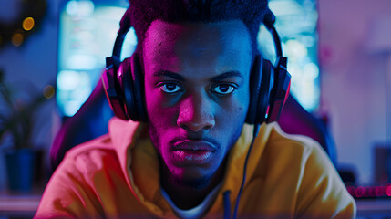Portrait shot of focused young black man professional game player playing video games. High quality photo