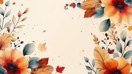 Watercolor autumn scene with orange flowers and blue leaves on a beige background, depicting vibrant nature