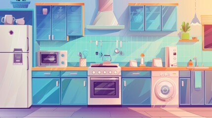 Modern kitchen interior background template with furniture, appliances, fridge, heating system, microwave oven, range hood, and washing machine.