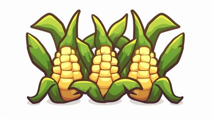 The cartoon flat icon of corn cobs on a white background represents the sweet vegetable.