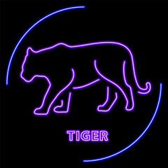 tiger neon sign, modern glowing banner design, colorful modern design trend on black background. Vector illustration.