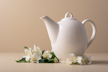 A white teapot with a jasmine flowers