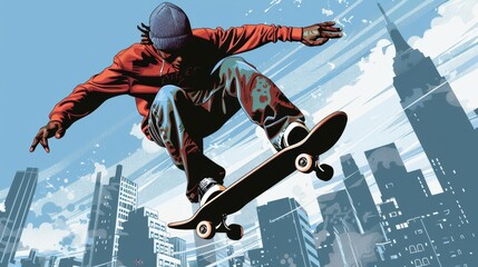 Urban Skateboarder Performing Tricks Against City Skyline