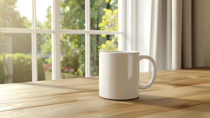 White mug mockup, placed on a wooden table by a window with natural light streaming in, side view.