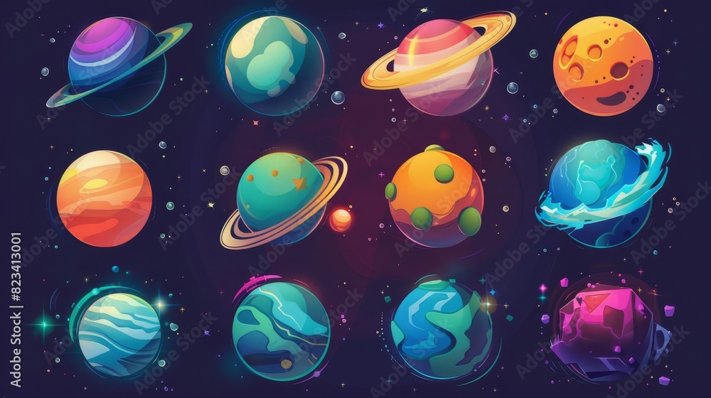 Poster eps 10 modern set of cartoon planets. set of colorful isolated objects. space background. fantasy pl