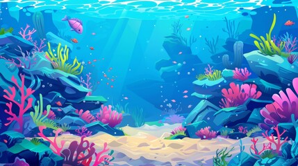 Fototapeta na wymiar Background of underwater sea plants, corals, and fishes in a panoramic seascape. Modern illustration.