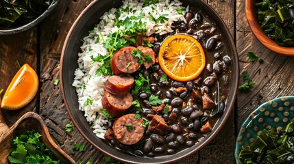 A close-up view of a Brazilian feijoada, with black beans, pork, and sausage, served with rice, orange slices, and collard greens, on a rustic wooden table.
