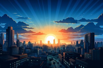 Colorful urban sunrise skyline illustration with vibrant sunbeams, skyscrapers, and panoramic cityscape backdrop in graphic art