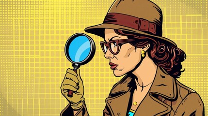 Detective looking through magnifying glass. Modern illustration in retro comics style.