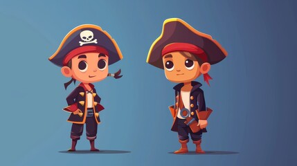 This cute pirate kid modern cartoon character is dressed in a Halloween costume.