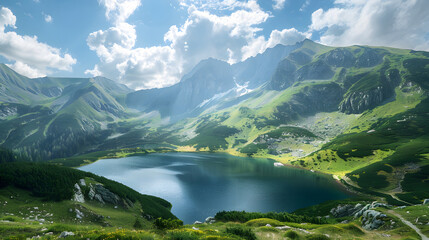 Idyllic view of a tranquil mountain lake surrounded by lush greenery and majestic peaks under a clear blue sky