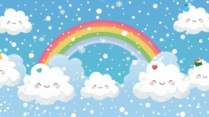 This festival pattern contains abstract kawaii clouds cartoons on a rainbow blue sky with snow on the background. The illustration is suitable for children, kindergartens, presentations, and