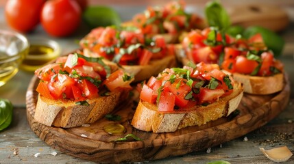 A rustic Italian bruschetta, with toasted bread topped with fresh tomatoes, basil, garlic, and a drizzle of olive oil, served on a wooden platter.