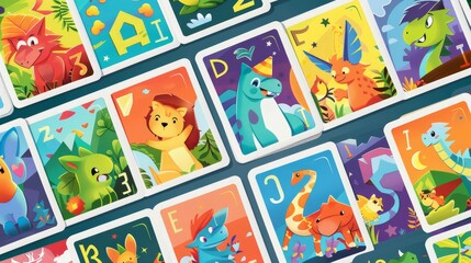 Kids ABC cards with alphabetical words and cute cartoon animals. Flashcards with alphabetical words and cute characters.