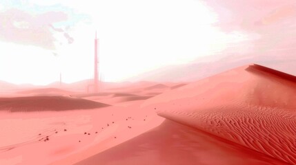 A red sand dune stands in the foreground with a tower visible in the background.