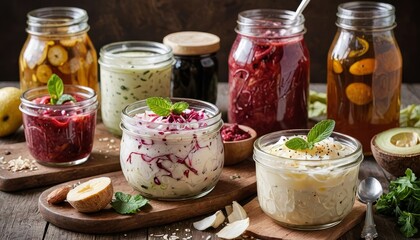 Probiotic foods: Yogurt, Sauerkraut, Kombucha for gut health and overall well-being