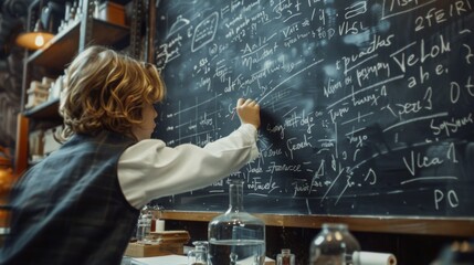 A young boy is standing in front of a blackboard, writing with chalk.