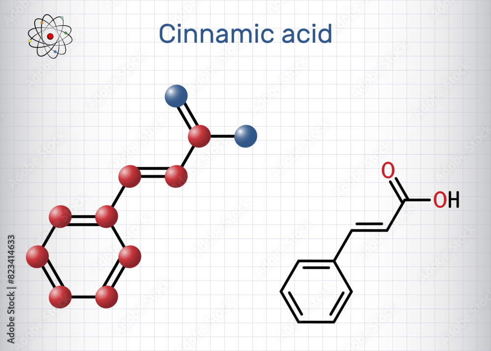 Canvas Prints cinnamic acid molecule. structural chemical formula, molecule model. sheet of paper in a cage.