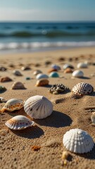 Seashells scattered on a sandy beach with swaying palm trees in the background