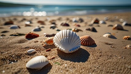 Obraz premium Seashells scattered on a sandy beach with swaying palm trees in the background