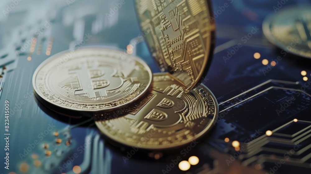 Poster close-up view of bitcoin coins on a high-tech circuit board, highlighting the interplay between cryp