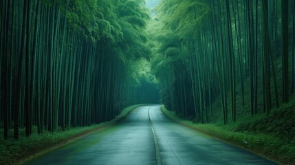 Fototapeta premium A narrow road surrounded by tall green bamboo trees, stretching into the distance into a quiet forest, creating an atmosphere of tranquility and tranquility