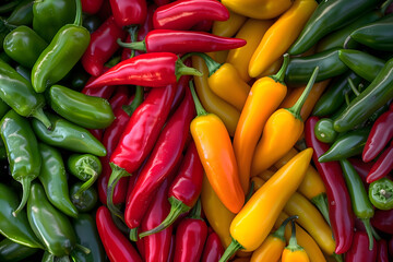 A close-up view of chilies in various vibrant colors seamlessly scattered around