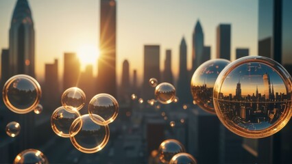 Golden sunset illuminates the city skyline with floating bubbles reflecting skyscrapers, creating a surreal and enchanting urban landscape scene.