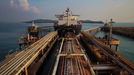 A large oil tanker is docked at a bustling port, engaging in the loading process of oil.