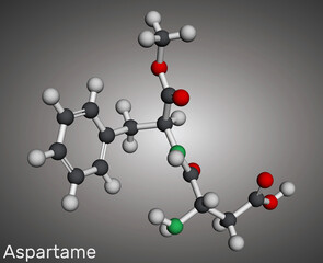 Aspartame, APM, molecule. Sugar substitute and E951. Molecular model. 3D rendering.
