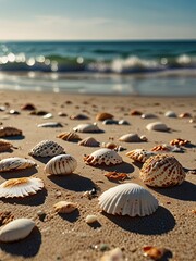 Seashells scattered on a sandy beach with swaying palm trees in the background